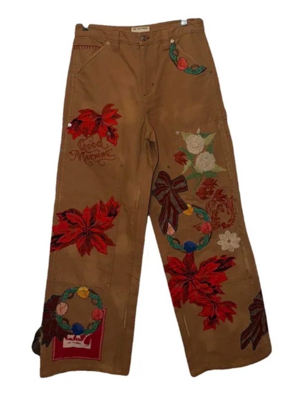 Embroidered Khaki Wide-Leg Pants with Red Poinsettia Motifs